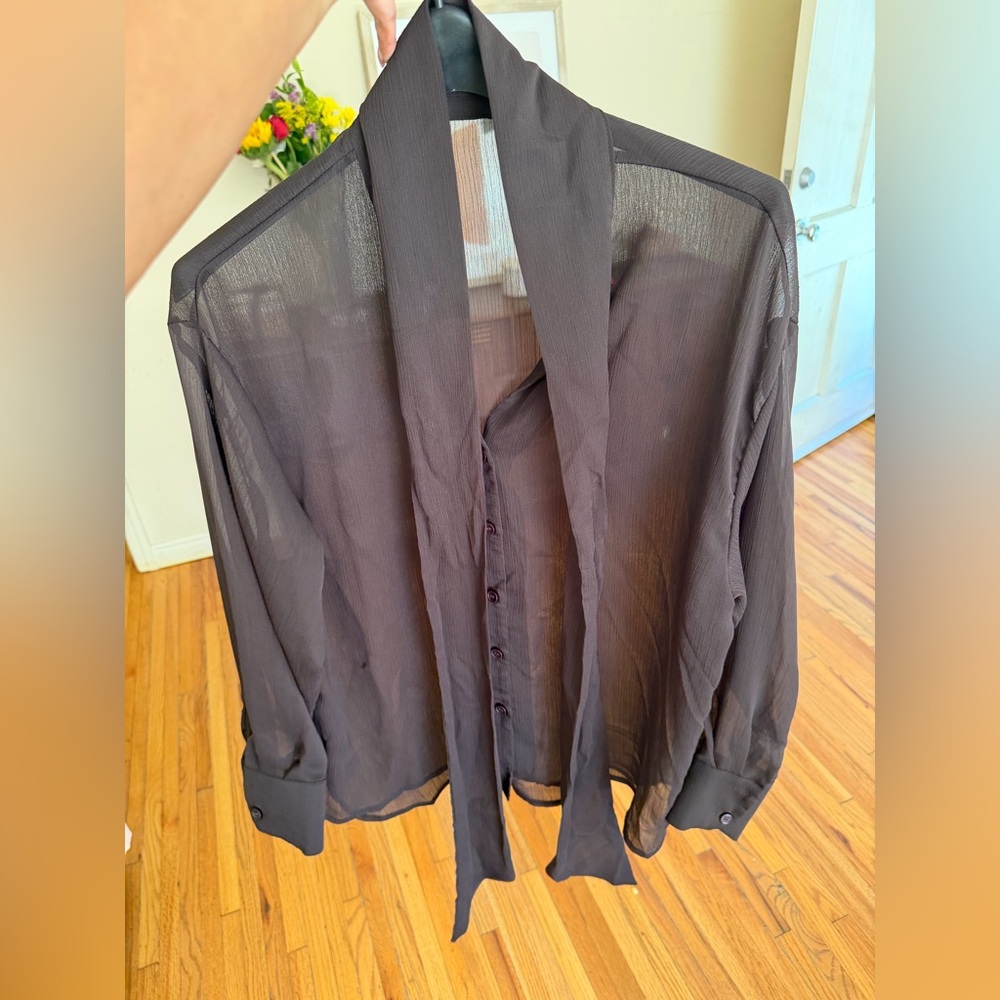 SHEIN Black Sheer Blouse with Tie Neck